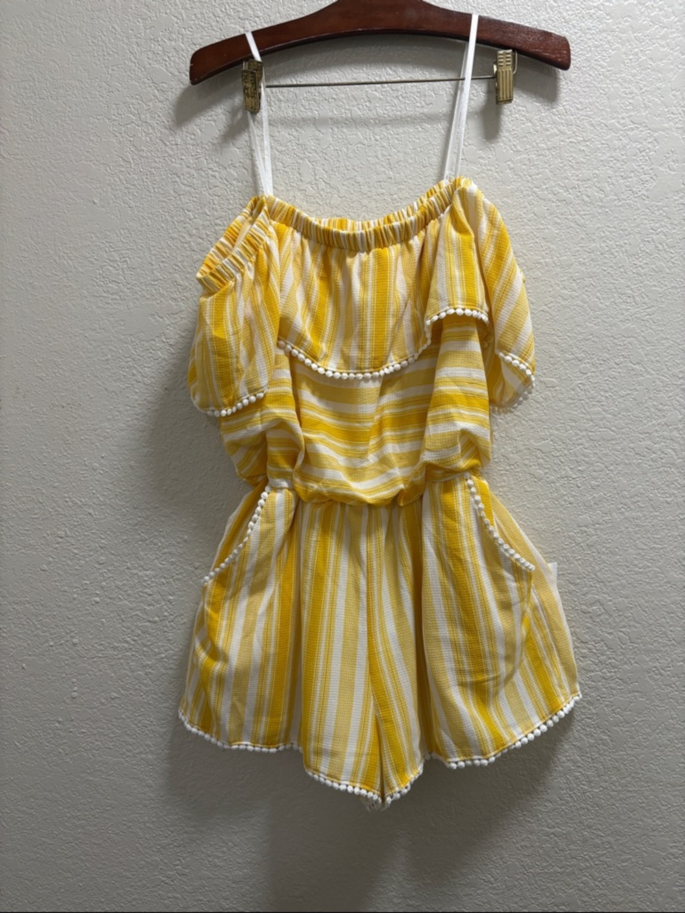 Yellow Striped Off-Shoulder Romper with Pom-Pom Trim
